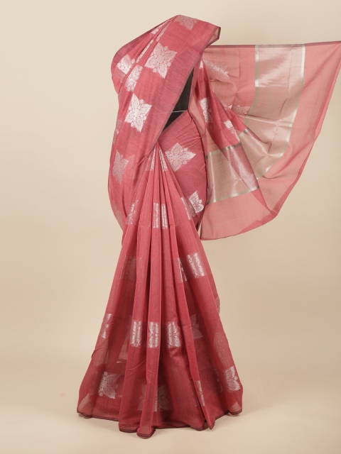 

Pothys Peach-Coloured & Silver-Toned Floral Woven Design Saree