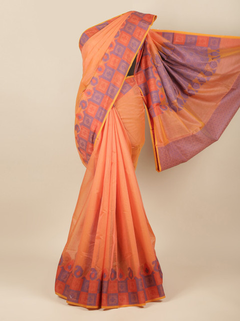 

Pothys Peach-Coloured & Purple Woven Design Pure Cotton Saree