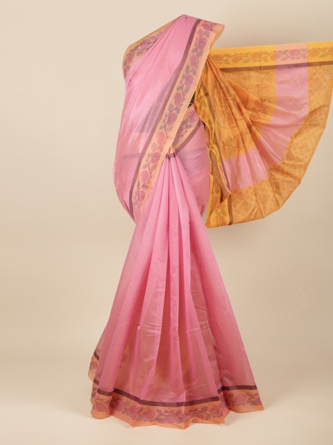 

Pothys Pink & Yellow Solid Cotton Blend Saree