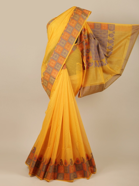 

Pothys Yellow & Orange Solid Cotton Blend Saree