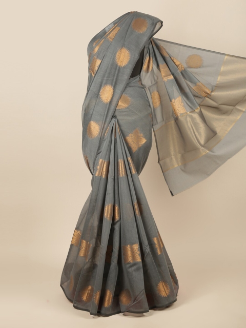 

Pothys Grey & Gold-Toned Ethnic Motifs Zari Saree