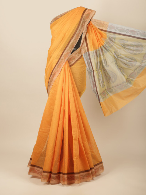 

Pothys Yellow & Grey Solid Cotton Blend Saree