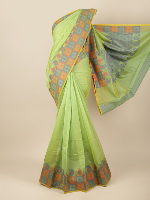 

Pothys Green & Blue Solid Woven Design Border Cotton Blend Saree