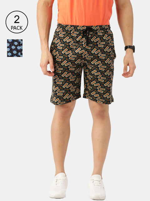 

ROMEO ROSSI Blue & Olive Green Pure Cotton Set Of 2 Printed Outdoor Shorts - RRBM-8001