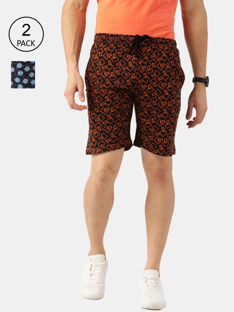 

ROMEO ROSSI Men Pack Of 2 Navy Blue & Black Printed Pure Cotton Shorts