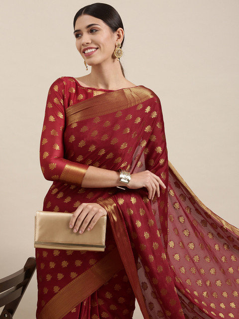 

Mitera Maroon & Gold Floral Zari Silk Blend Saree