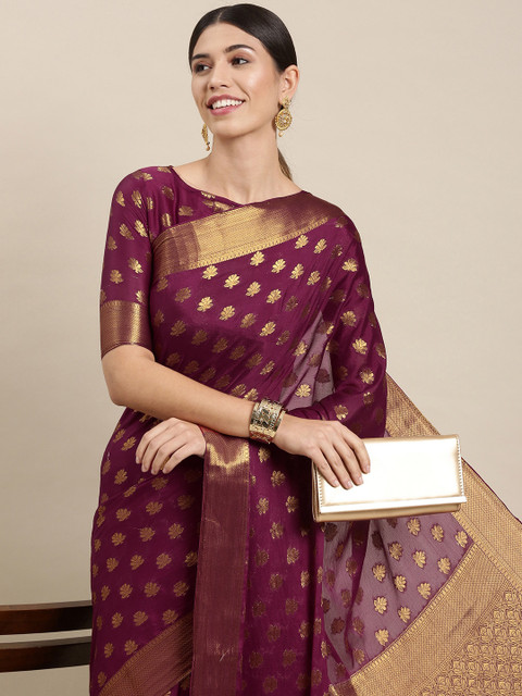 

Mitera Aubergine & Gold Floral Zari Silk Blend Saree, Purple