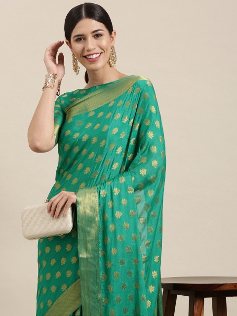 

Mitera Green & Gold Ethnic Motifs Zari Silk Blend Saree