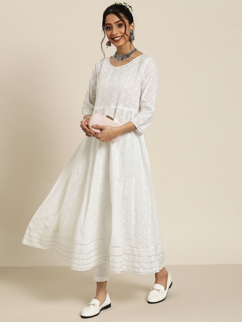 

Sangria Women White Floral Schiffli Embroidered Gotta Patti Panelled Anarkali Cotton Kurta