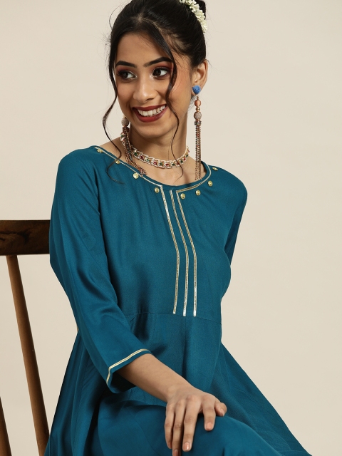 

Sangria Women Blue Solid Yoke Design Kurta with Gotta Patti Detail