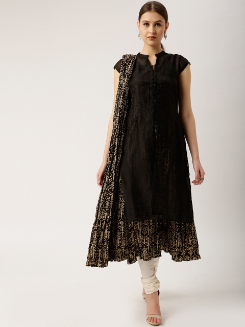 

all about you Black Gold-Toned Printed Layered Kurta Dupatta