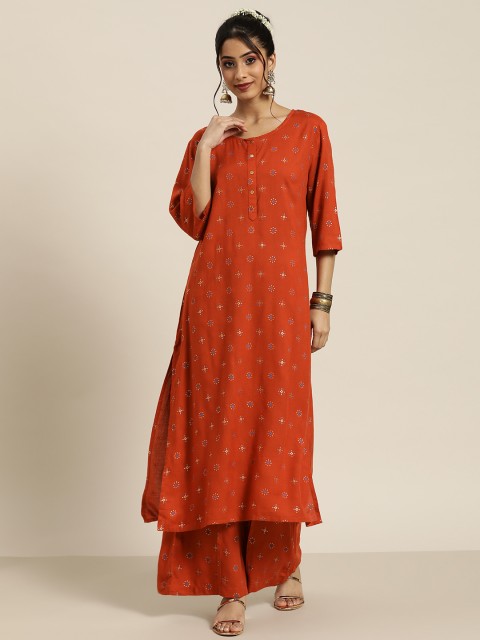 

Sangria Women Rust Orange & Gold Ethnic Motifs Printed Straight Kurta with Palazzos