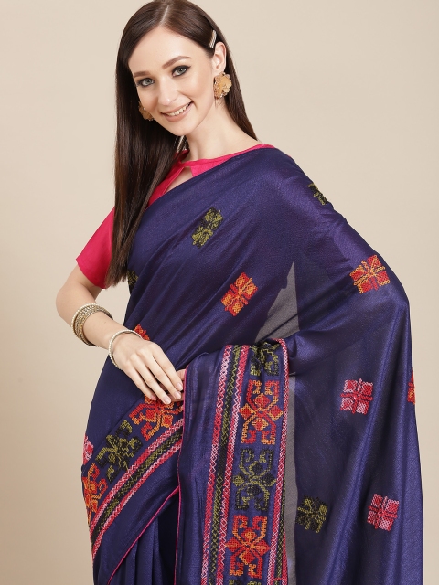 

KALINI Navy Blue & Orange Ethnic Motifs Embroidered Saree