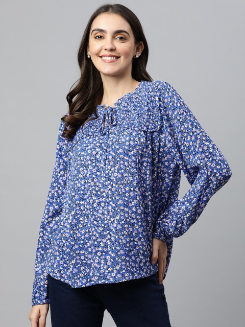 

Marks & Spencer Blue Floral Print Tie-Up Neck Top