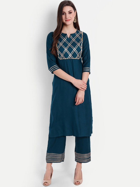 

JAIPURI BUNAAI Women Blue Yoke Design Gotta Patti Embellishment Kurti with Trousers