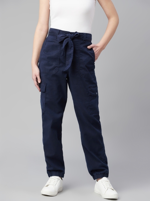 

Marks & Spencer Women Navy Blue Solid Cargos Trousers Comes With a Belt