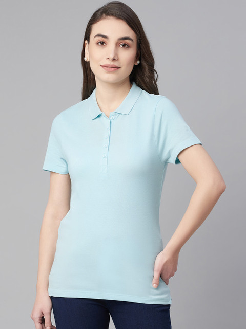 

Marks & Spencer Women Blue Pure Cotton Polo Collar T-shirt