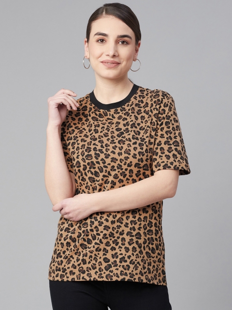 

Marks & Spencer Women Beige & Brown Pure Cotton Animal Printed Straight Fit T-shirt