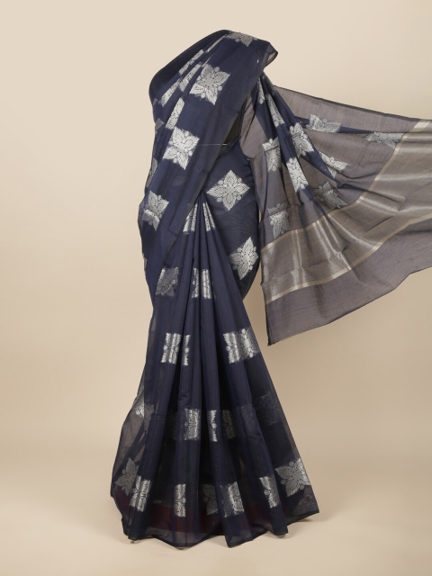 

Pothys Navy Blue & Silver-Toned Woven Design Zari Saree