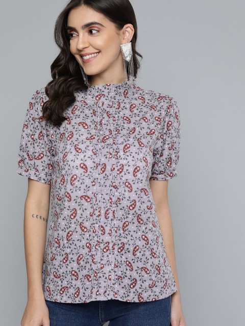 

HERE&NOW Lavender & Maroon Pure Cotton Printed Mandarin Collar Top