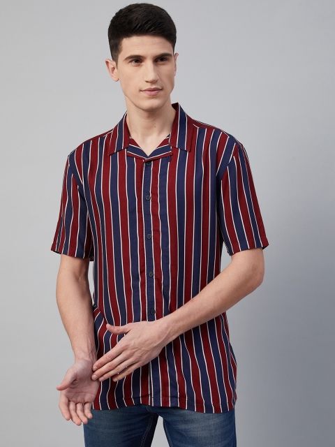 Marks & Spencer Men Maroon & Navy Blue Striped Casual Shirt