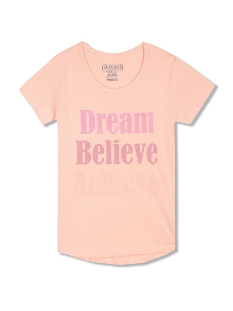 

Cherokee Girls Pink Typography Printed Pure Cotton T-shirt