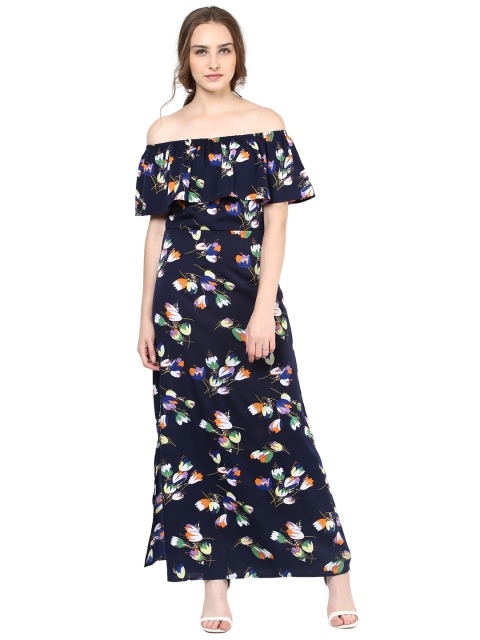 

Harpa Women Navy Printed Off-Shoulder Maxi Dress, Navy blue