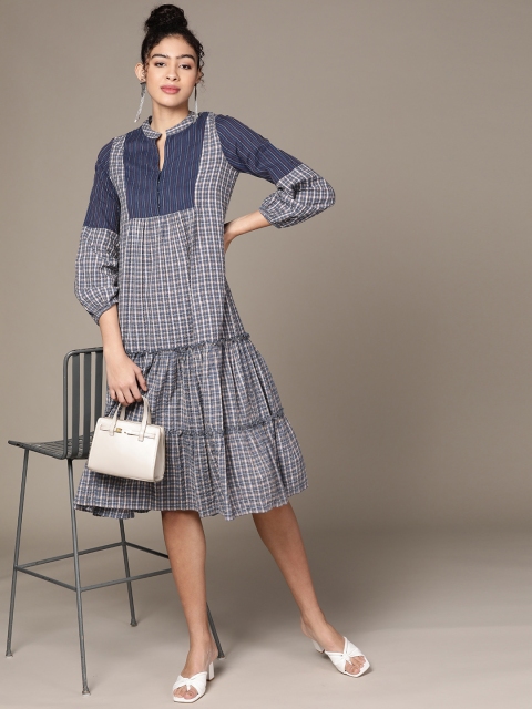 

Ritu Kumar Blue & White Checked Mandarin Collar Bishop Sleeves Pleated A-Line Dress