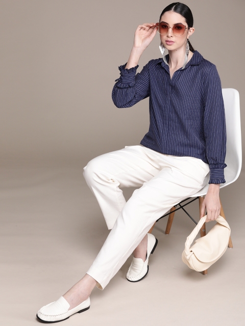 

Ritu Kumar Women Navy Blue Woven Design Shirt Collar Pure Cotton Yarn Dyed Kurti