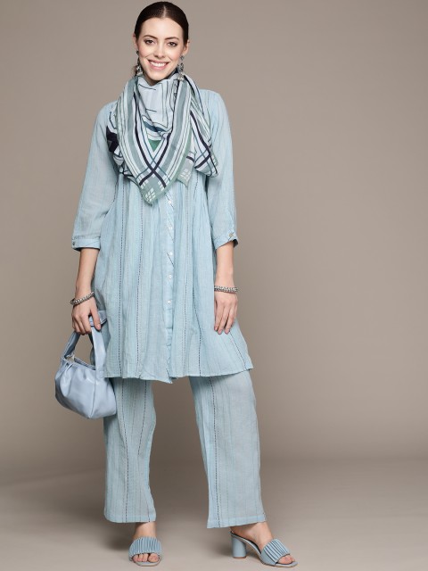 

Ritu Kumar Women Blue Striped Pure Cotton Kurta with Palazzos & With Dupatta