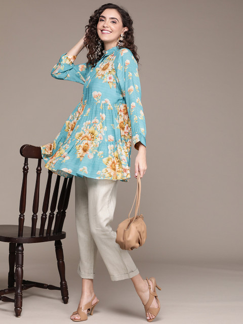 

Ritu Kumar Women Blue Floral Printed Spread Collar Pleated A-Line Kurti