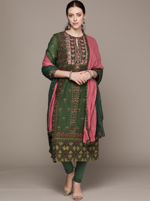 

Ritu Kumar Women Green Ethnic Motifs Printed Kurta with Churidar & With Dupatta