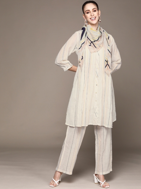 

Ritu Kumar Women Off White Striped Pure Cotton Kurta with Trousers & With Scarf