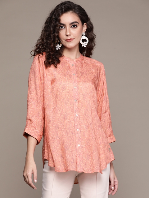 

Ritu Kumar Women Coral Geometric Printed Mandarin Collar Casual Shirt