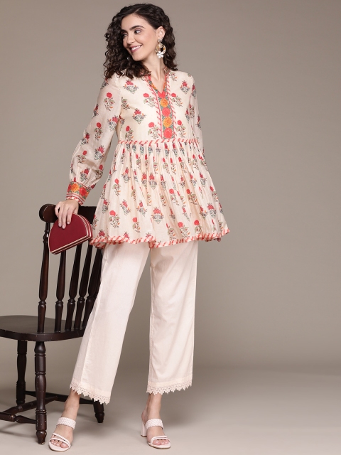 

Ritu Kumar Women Beige & Red Floral Printed Pleated A-Line Kurti