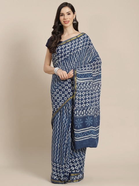 

Libas Blue & White Printed Pure Cotton Saree