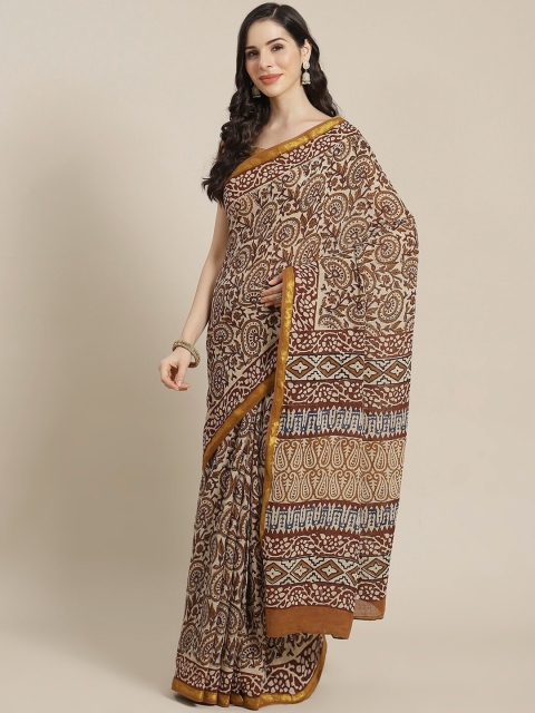 

Libas Brown & Cream-Coloured Ethnic Motifs Zari Pure Cotton Saree