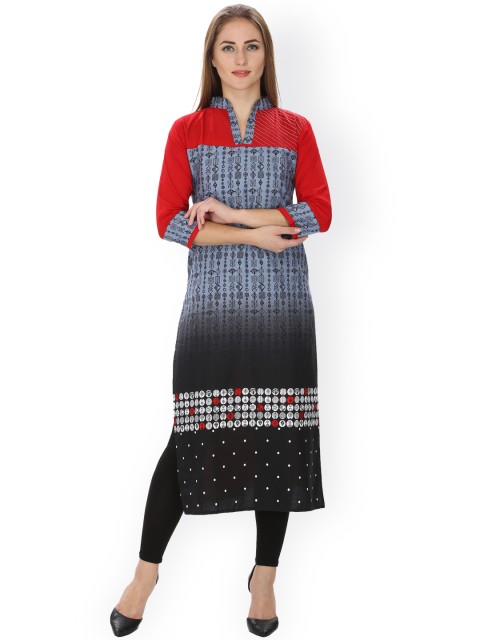

AgrohA Women Grey & Red Printed Straight Kurta