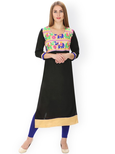 

AgrohA Women Black Embroidered Straight Kurta