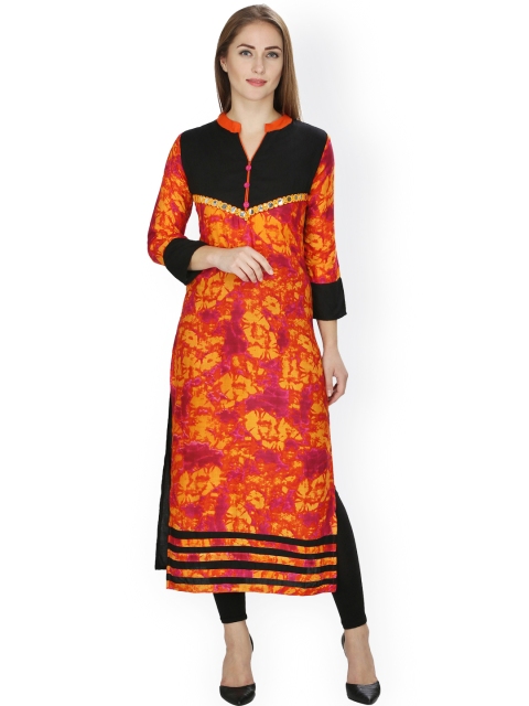 

AgrohA Women Orange & Black Tie & Dye Print Straight Kurta