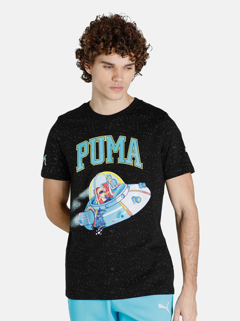 

Puma Men Black & Blue Printed Round Neck Cotton T-shirt