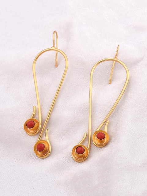 

Tistabene Gold-Plated Red Stone Studded Contemporary Drop Earrings