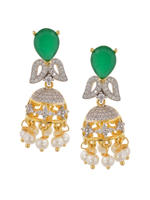 

Tistabene Green Gold-Plated Stone& Pearl Studded Contemporary Jhumkas Earrings