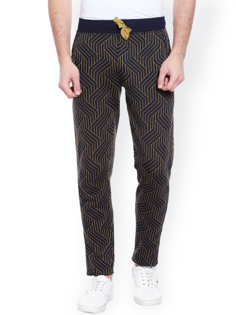 

AVOQ Men Navy & Yellow Printed Smart Fit Denim Track Pants, Navy blue