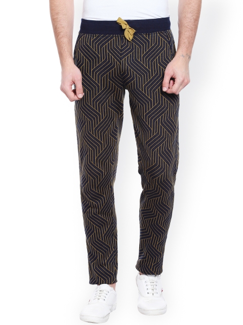 

AVOQ Men Navy & Yellow Printed Smart Fit Denim Track Pants, Navy blue