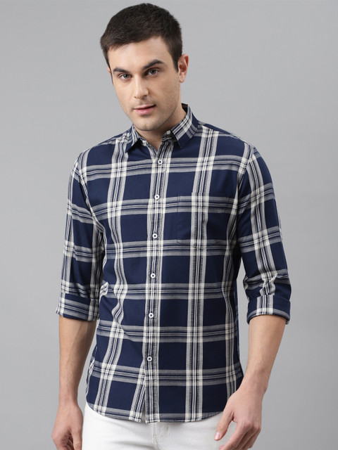 

Dennis Lingo Men Navy Blue Comfort Slim Fit Tartan Checks Checked Casual Shirt