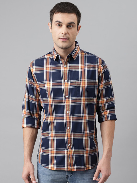 

Dennis Lingo Men Navy Blue & Orange Comfort Slim Fit Checked Pure Cotton Casual Shirt