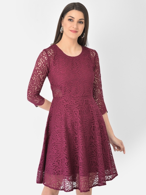 

Eavan Women Burgundy Self Design Round Neck Lace Fit & Flare Dress