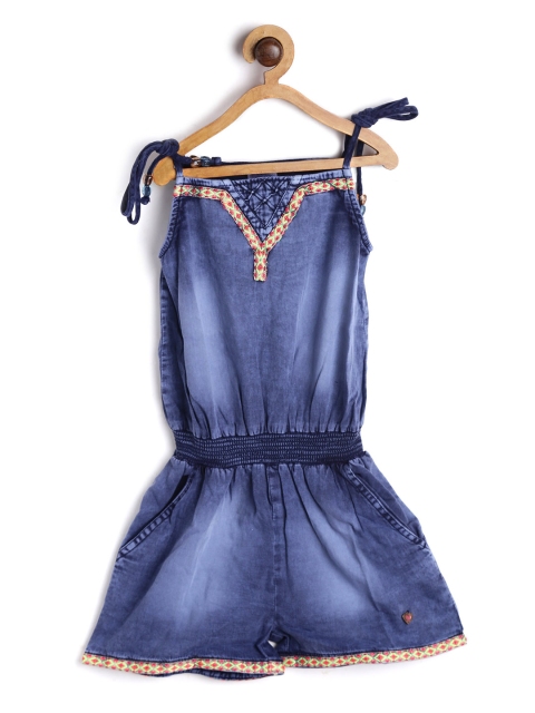 

612 league Girls Blue with Twill Tape Embellished Denim Jumpsuit