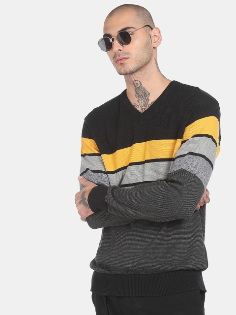 

Ruggers Men Black & Grey Striped Pullover